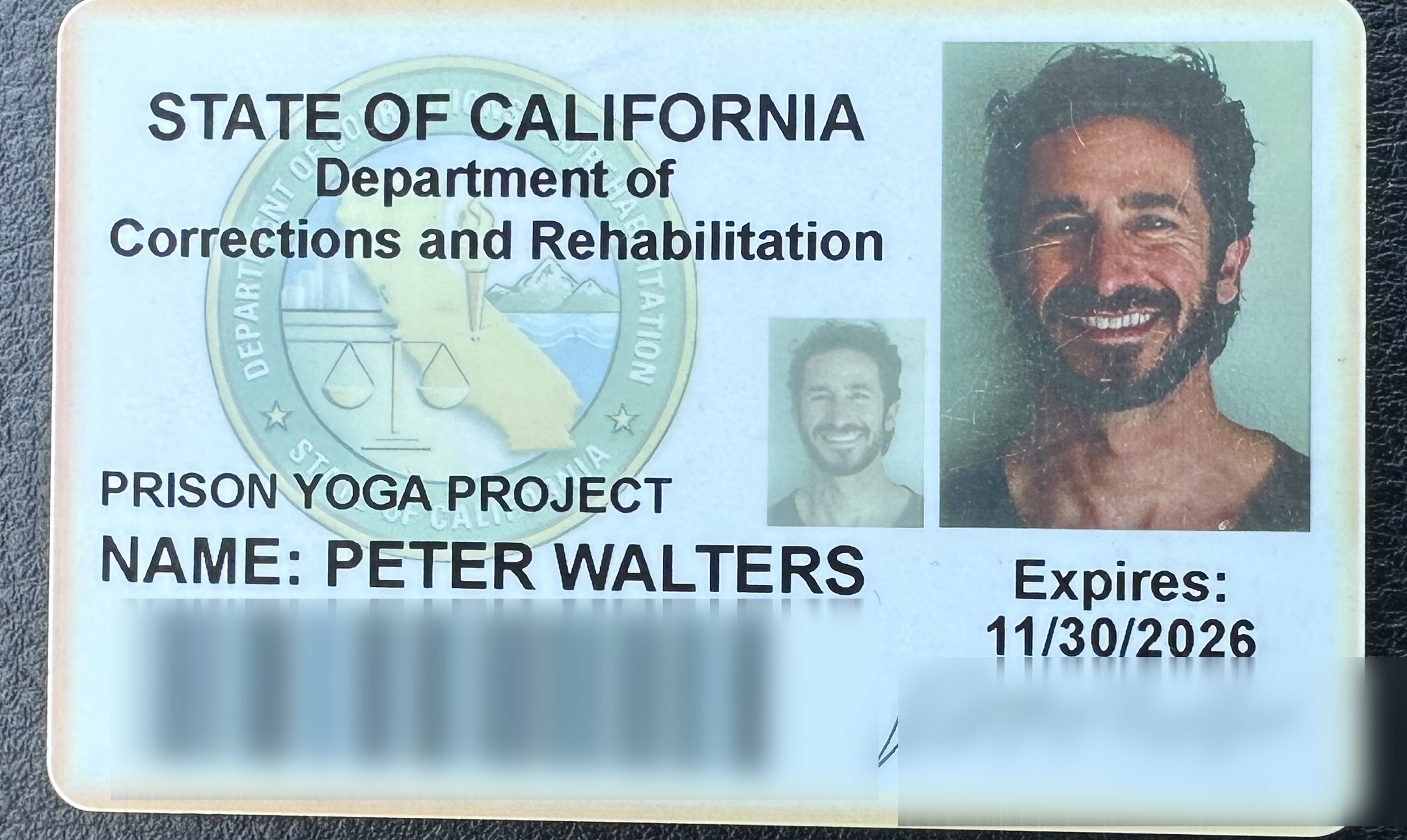 Peter Walters California Department of Corrections and Rehabilitation volunteer ID badge for the Prison Yoga Project.